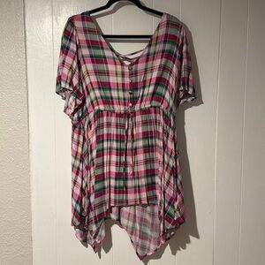 Rayon Slub Plaid Sharkbite Babydoll Flutter Sleeve Top